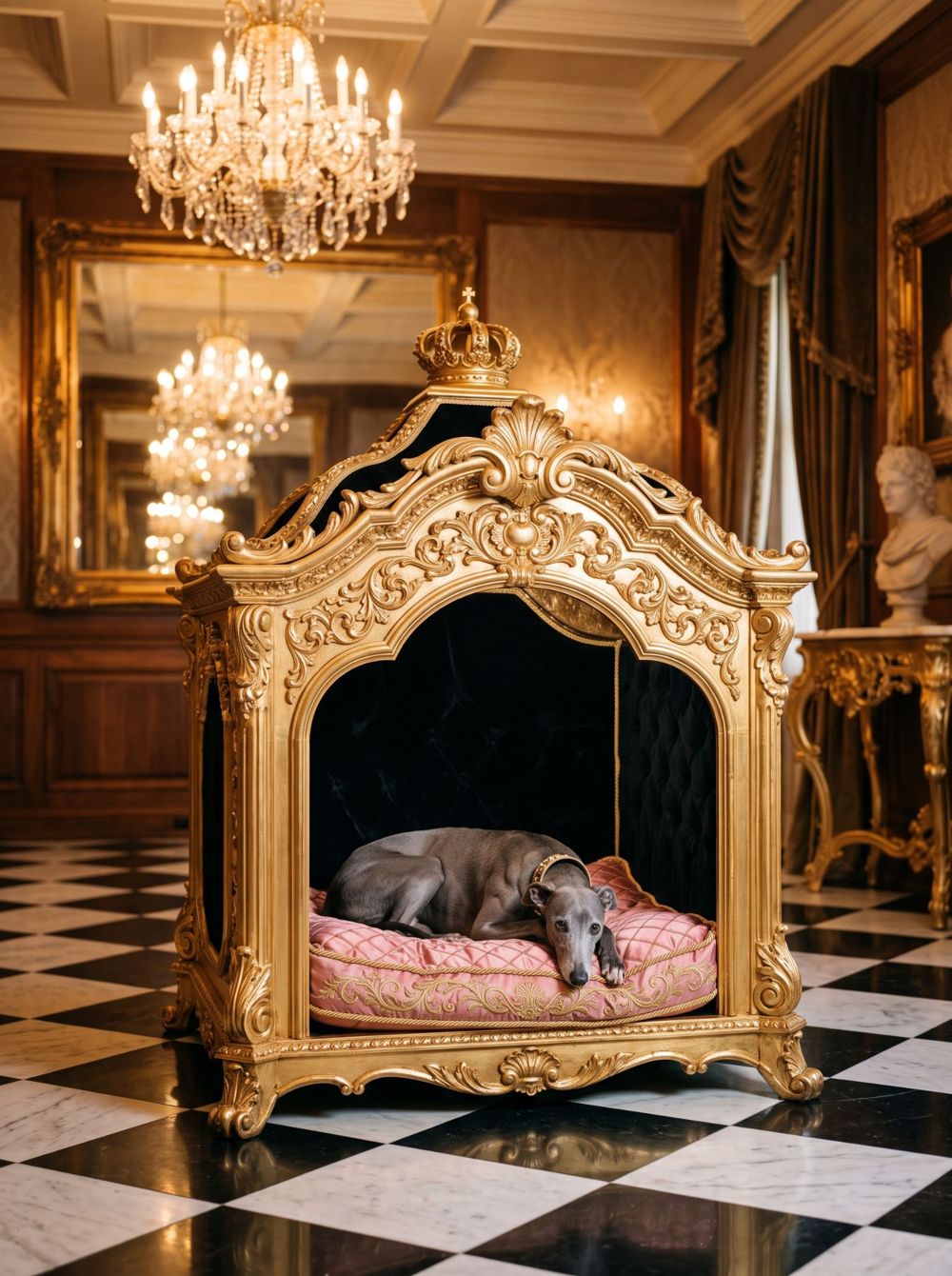 Vergoldetes Barock-Hundehaus mit Krone und rosa Seidenkissen