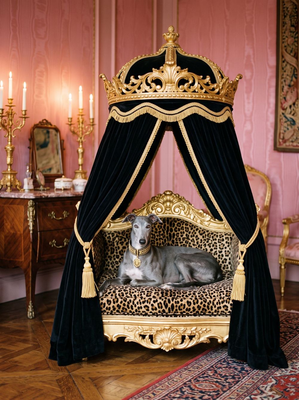 Hunde-Himmelbett mit schwarzem Samt und Leo-Kissen