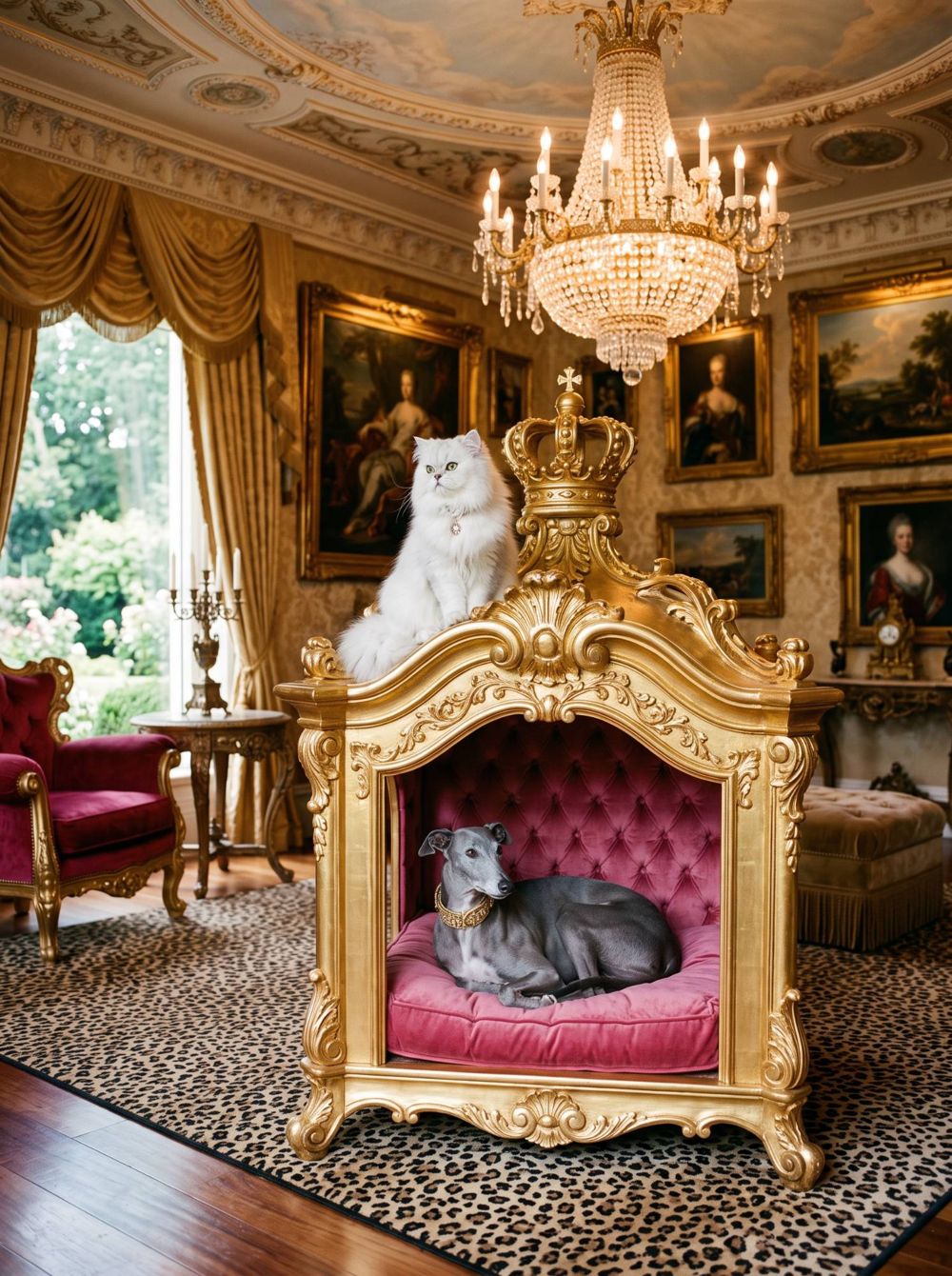 Goldenes Hundehaus mit Perserkatze auf dem Dach