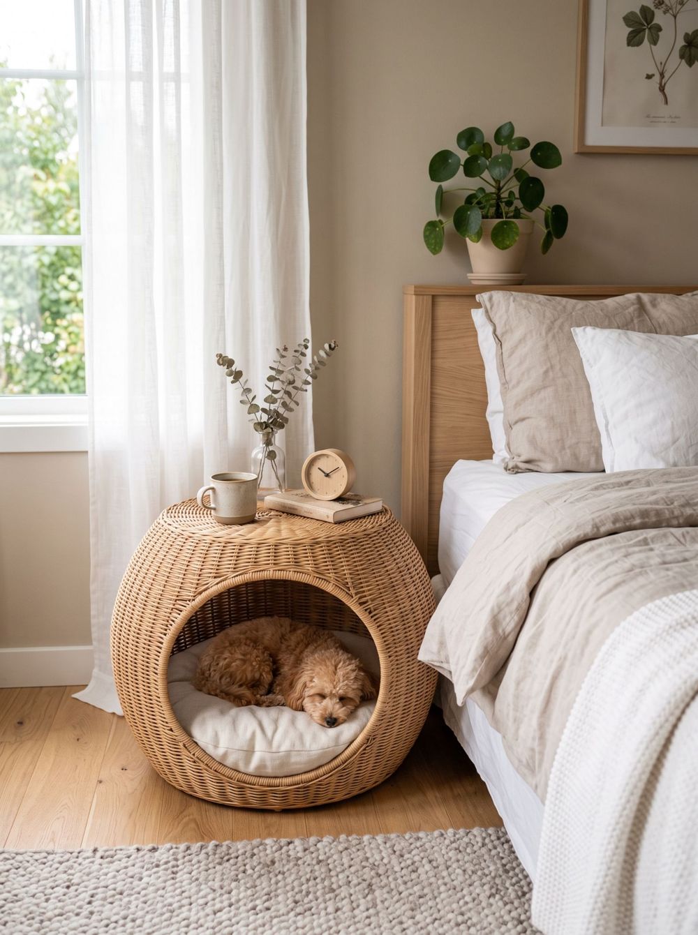 Rundes Rattan-Hundehaus als Nachttisch neben dem Bett